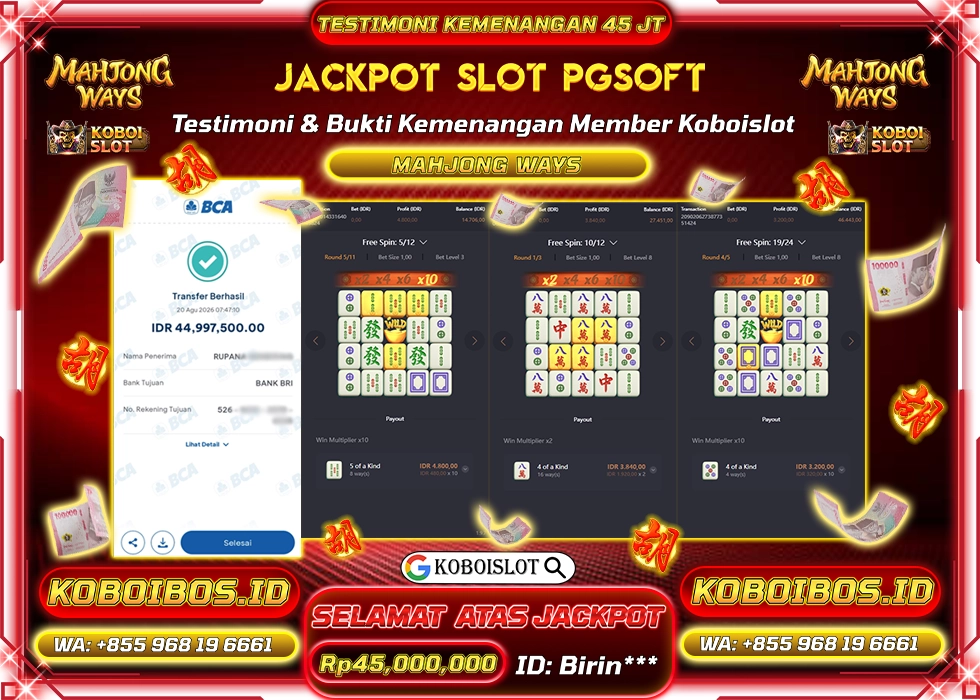 BUKTI KEMENANGAN Id Birin*** SLOT GACOR MAHJONG WAYS 1 Rp45.000.000,- LUNAS